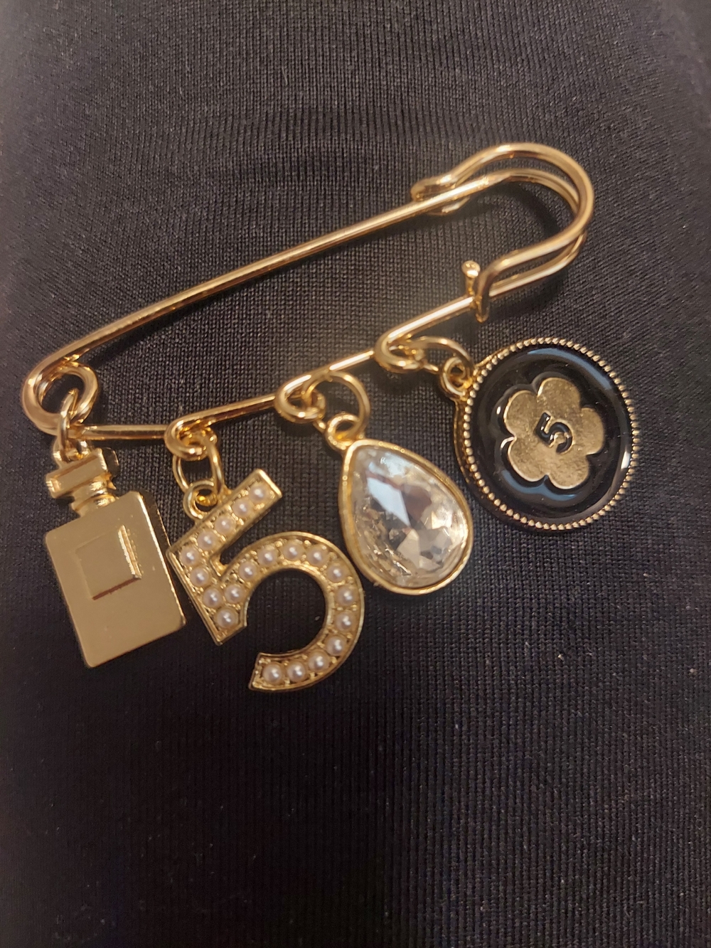 Gold-Tone Charm Brooch Chanel-Like with Black Enamel & Crystal Drop